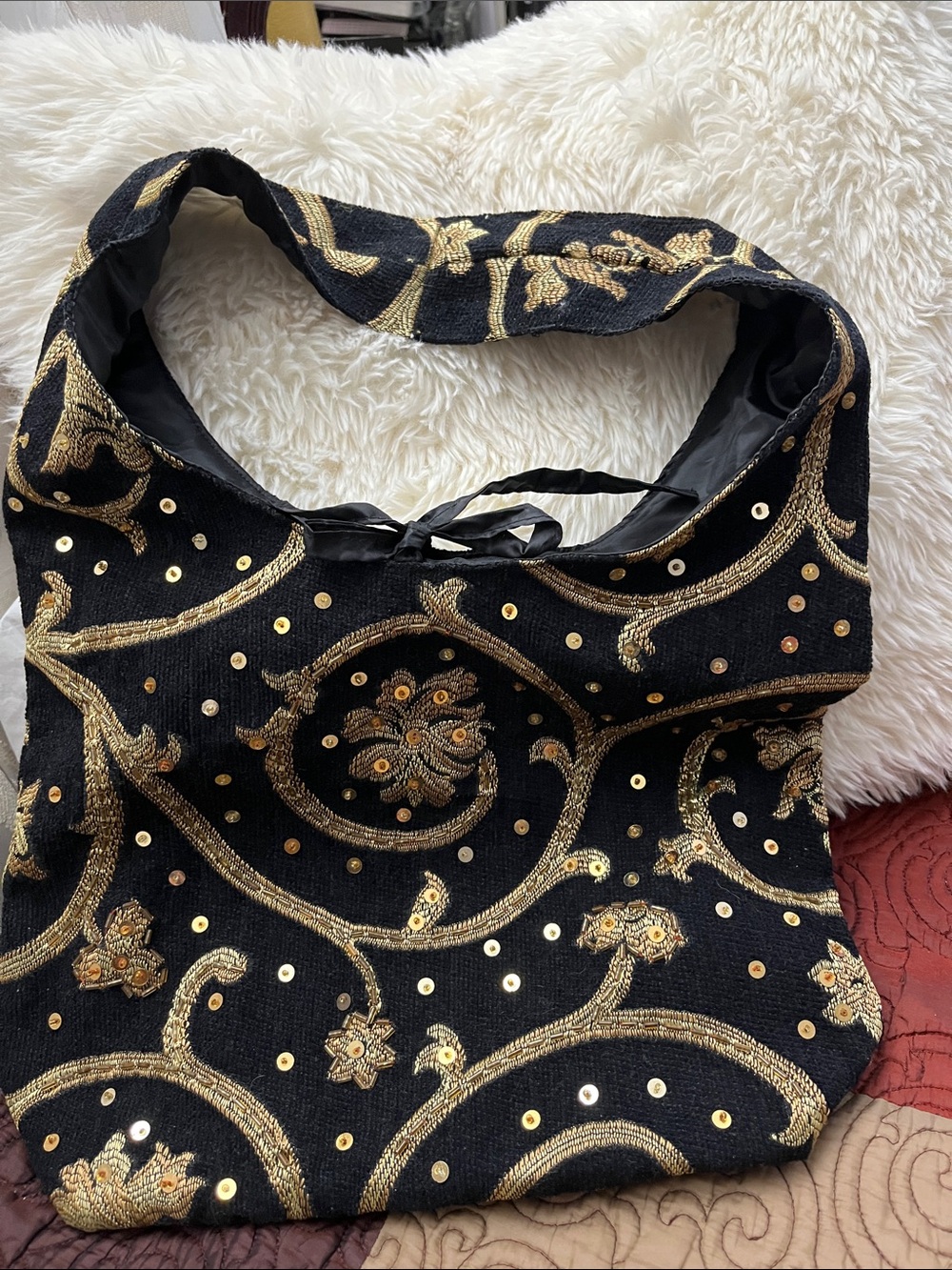 Hand Crafted Black Shoulder Bag with Gold Embroidery and Sequins NWOT - Picture 3 of 9